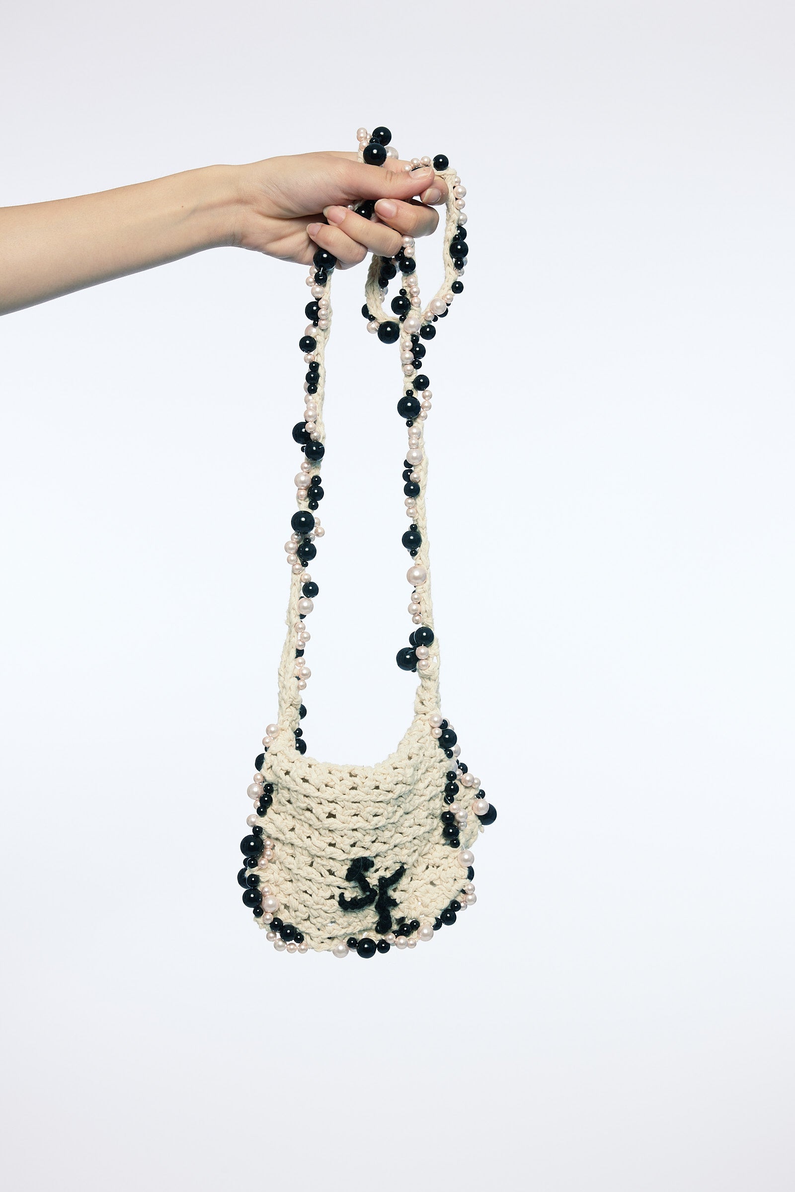 WOMEN GIRL CROCHET BEADED CROSSBODY BAG CREAM PINK BLACK KOREAN ASIAN STYLE DESIGN