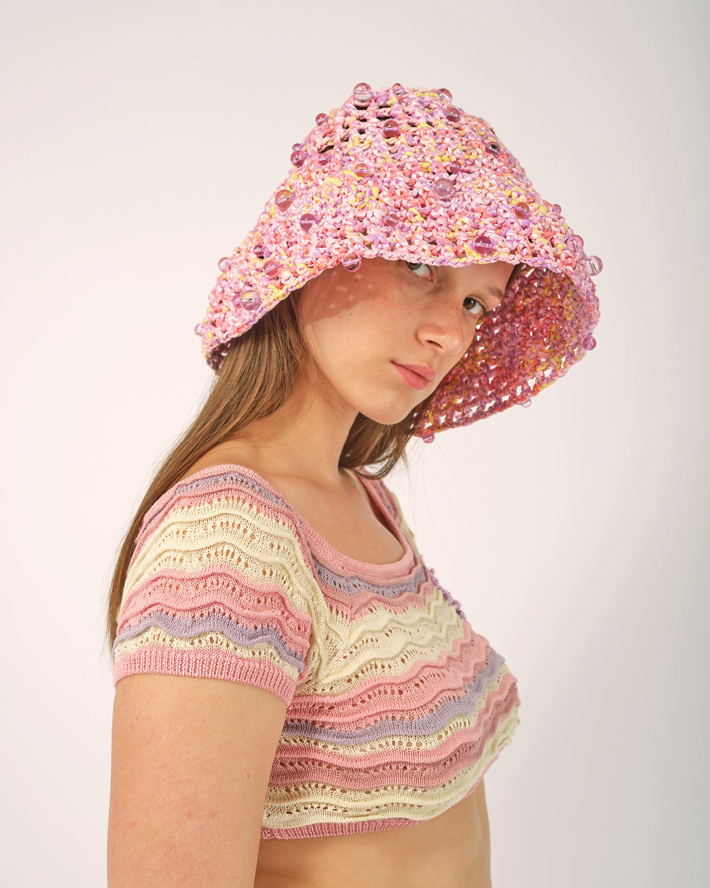 PINK WOMEN GIRL CROCHET BEADED HAT FISH MAN HATS