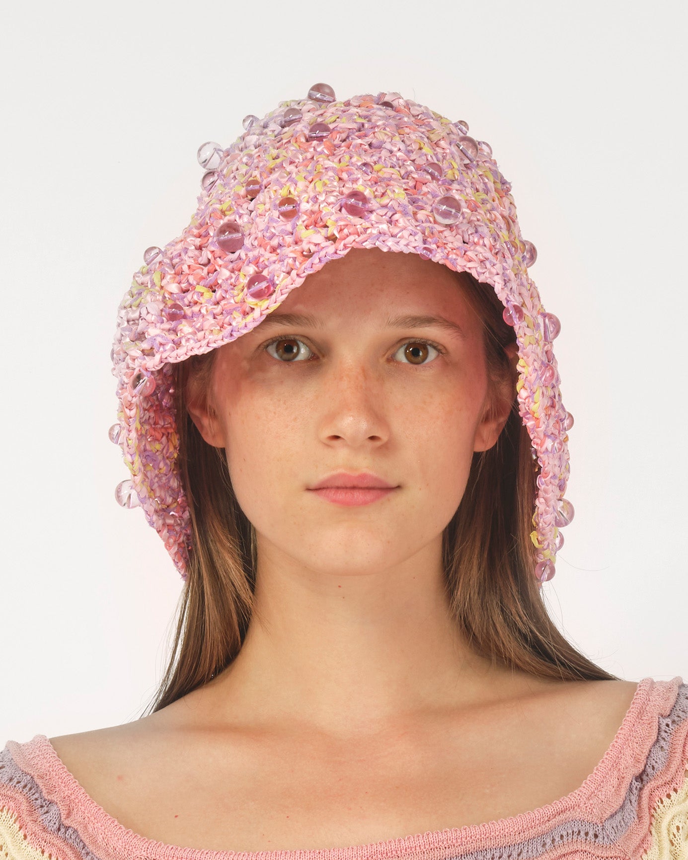 PINK WOMEN GIRL CROCHET BEADED HAT FISHMAN HATS