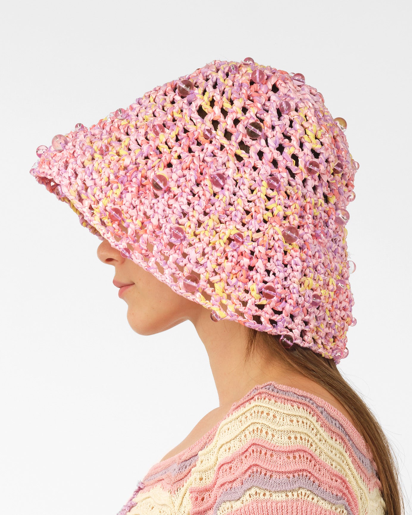 PINK WOMEN GIRL CROCHET BEADED HAT FISH MAN HATS