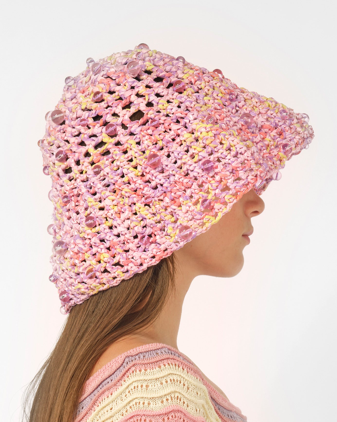 PINK WOMEN GIRL CROCHET BEADED HAT FISH MAN HATS