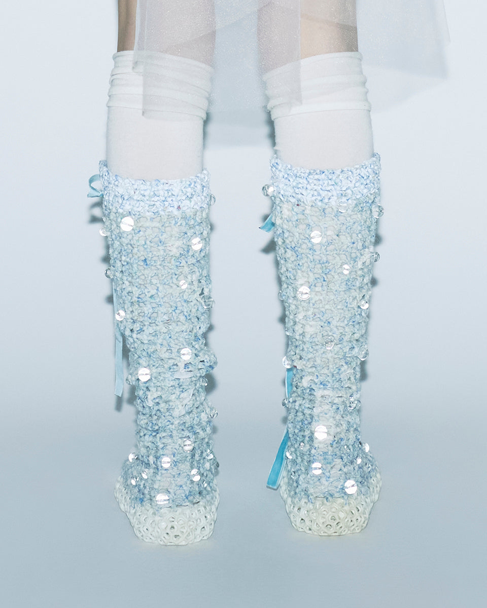 CROCHET BEADED BOW TIE FRONT 3D PRINTED HONEYCOMB SOLE WOMEN LONG BOOTS