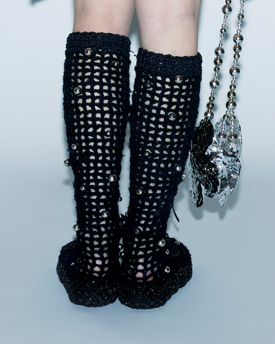 CROCHET BEADED BOW TIE FRONT 3D PRINTED HONEYCOMB SOLE WOMEN LONG BOOTS