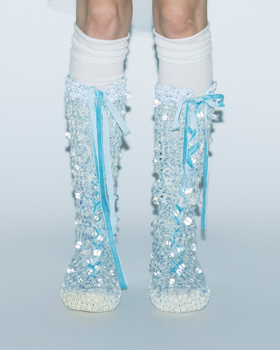 CROCHET BEADED BOW TIE FRONT 3D PRINTED HONEYCOMB SOLE WOMEN LONG BOOTS