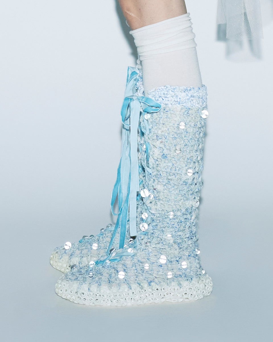 CROCHET BEADED BOW TIE FRONT 3D PRINTED HONEYCOMB SOLE WOMEN LONG BOOTS