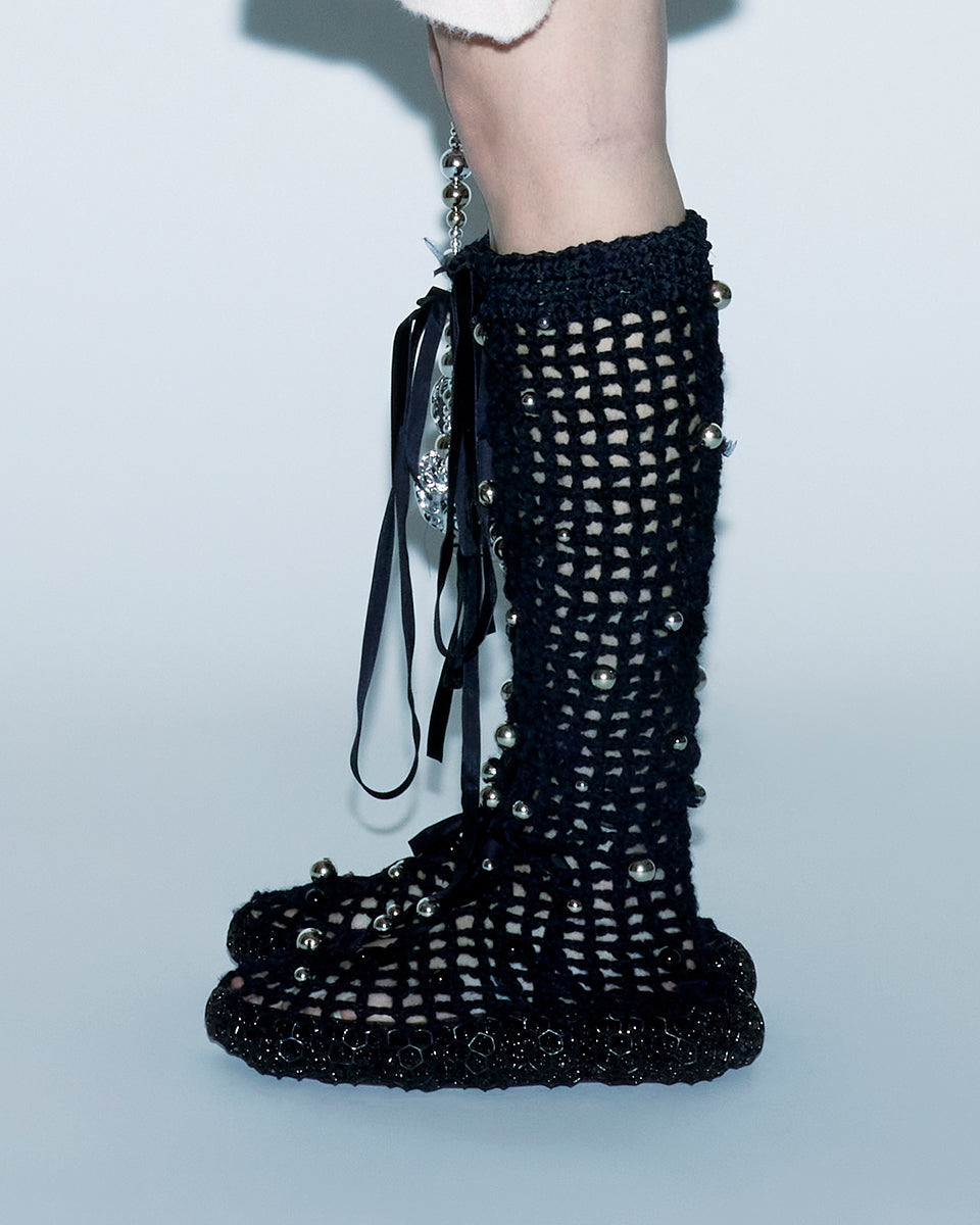 CROCHET BEADED BOW TIE FRONT 3D PRINTED HONEYCOMB SOLE WOMEN LONG BOOTS