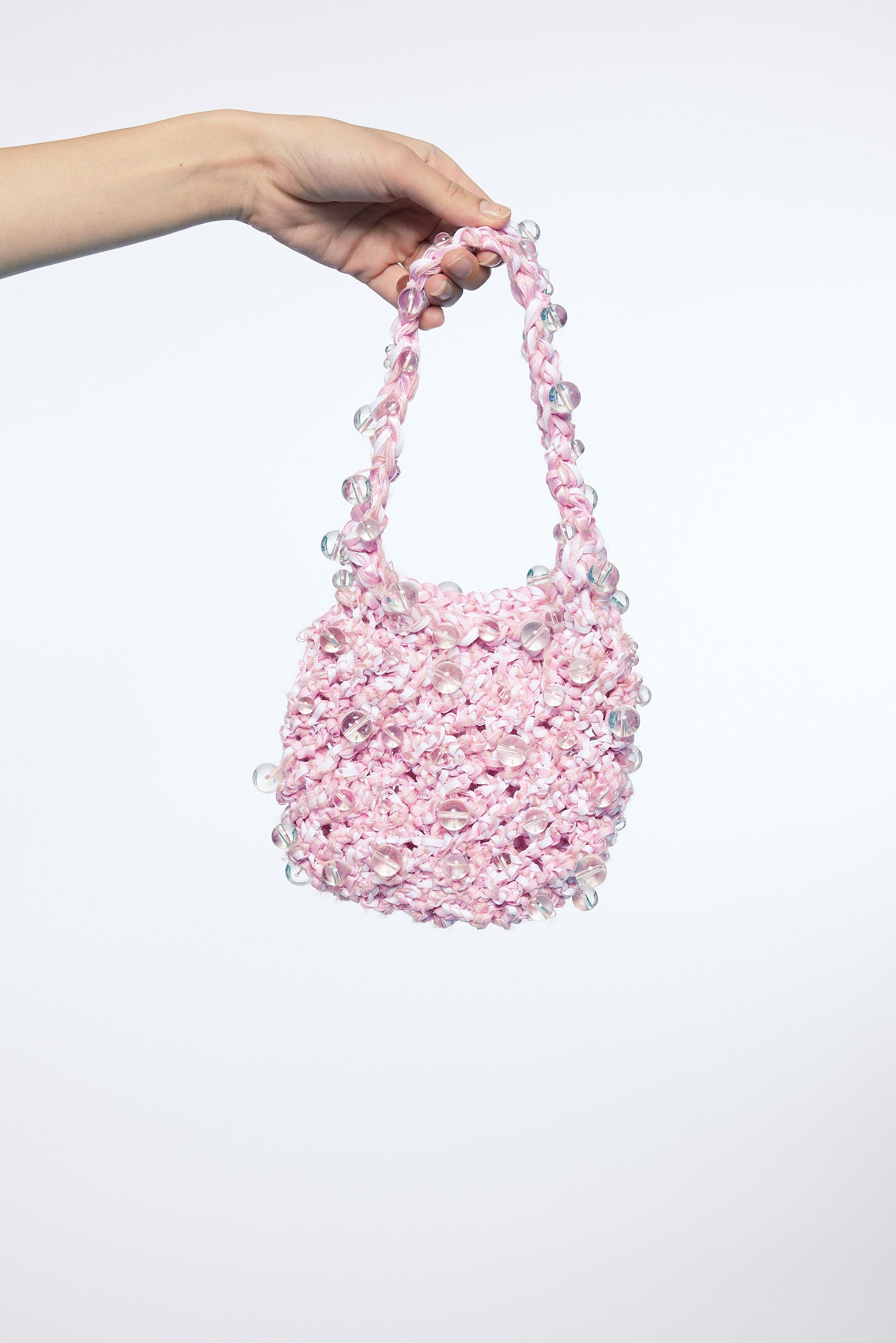 WOMEN GIRL PINK CROCHET BEADED MIDI SMALL BAG HANDBAG KOREAN ASIAN STYLE DESIGN