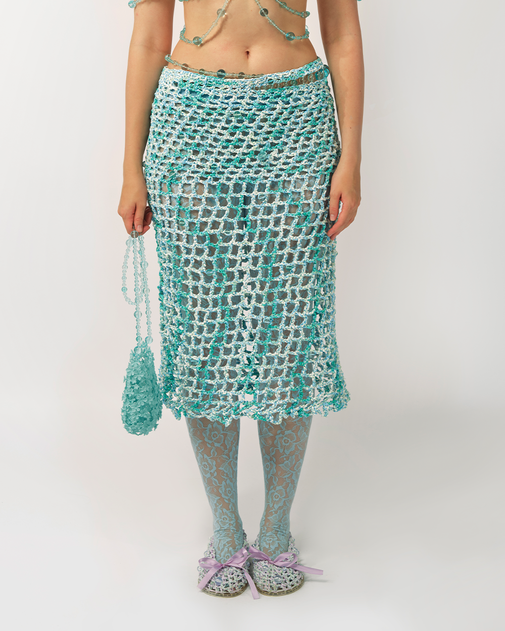 BLUE WOMEN CROCHET BEADED MIDI LONG SKIRT