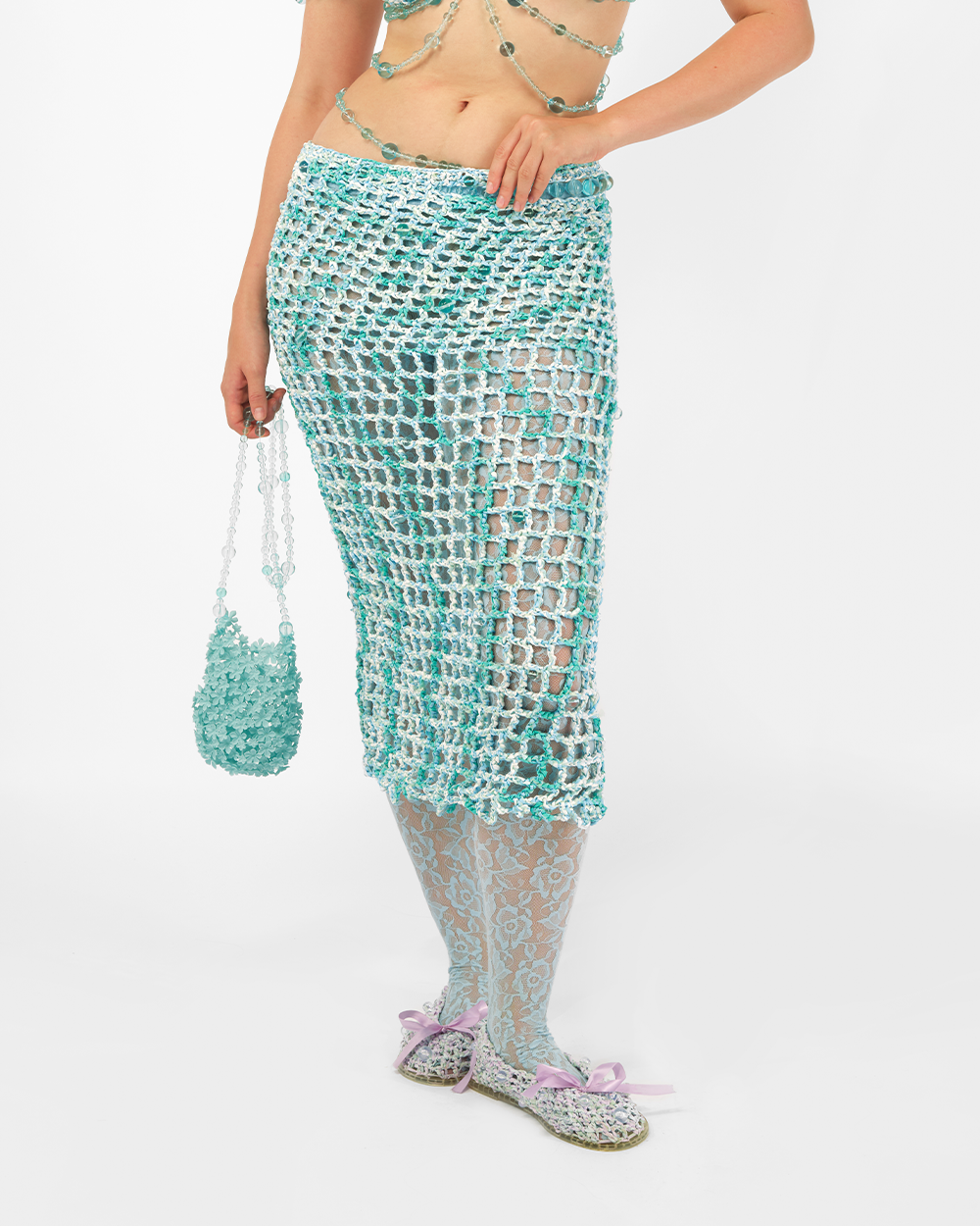 BLUE WOMEN CROCHET BEADED MIDI LONG SKIRT