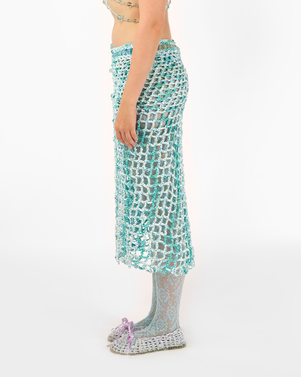 BLUE WOMEN CROCHET BEADED MIDI LONG SKIRT