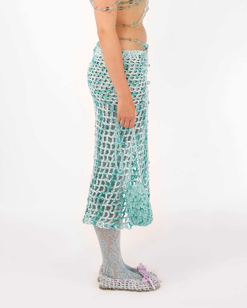 BLUE WOMEN CROCHET BEADED MIDI LONG SKIRT