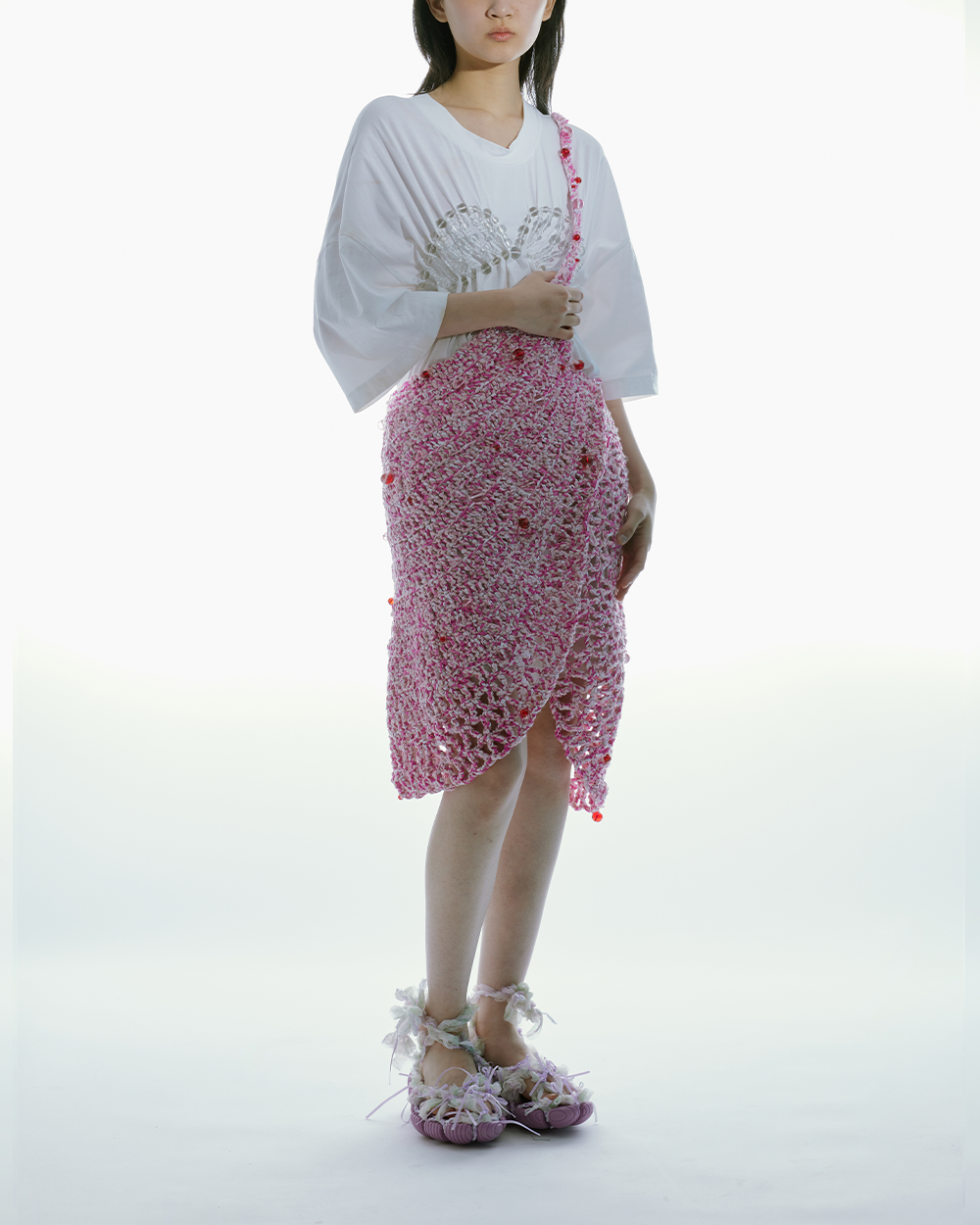 WOMEN STYLE MINI MIDI CROCHET BEADED SKIRT PINK