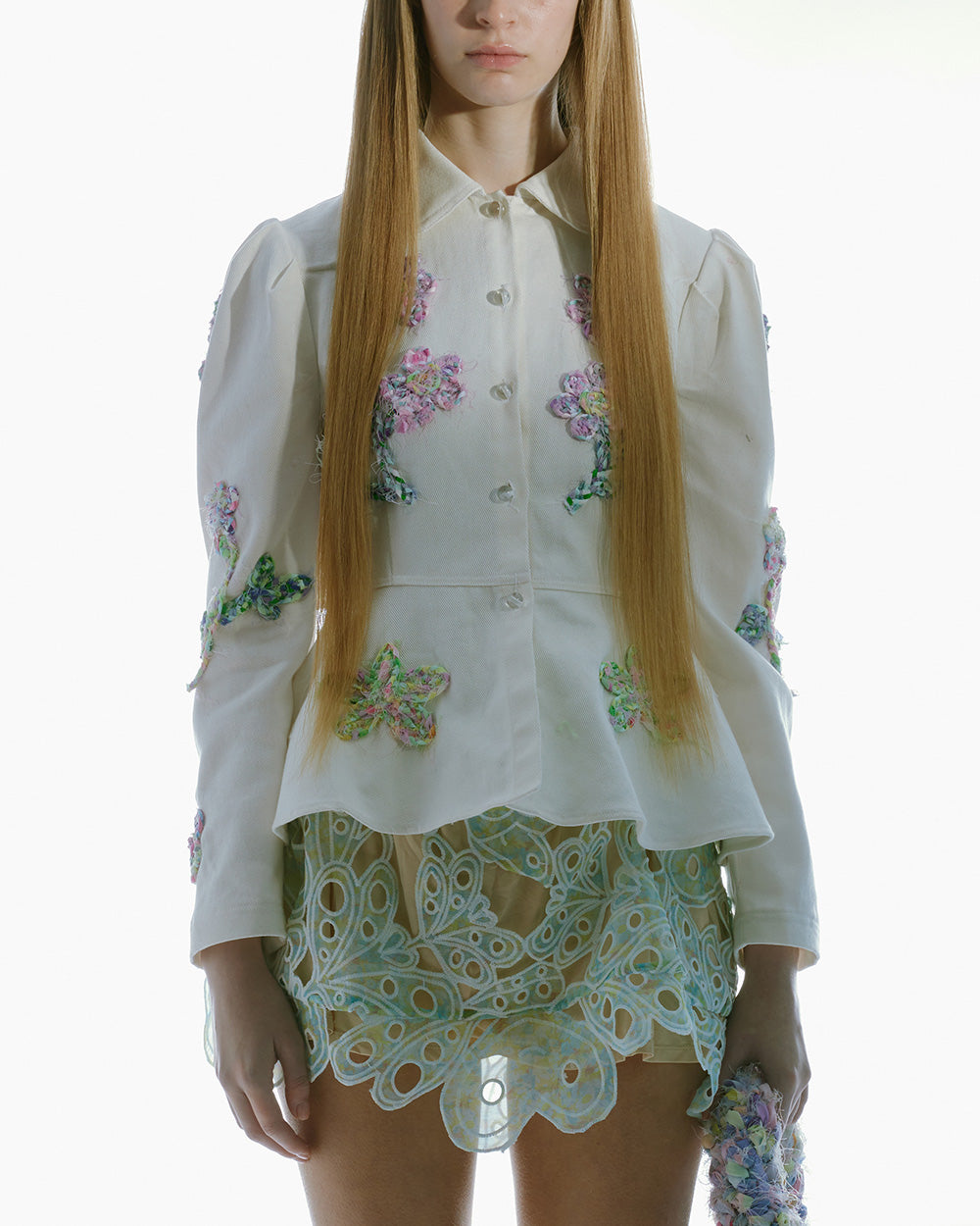 WOMEN CREAM WHITE DENIM EMBROIDERED JACKET WITH PEPLUM HEM