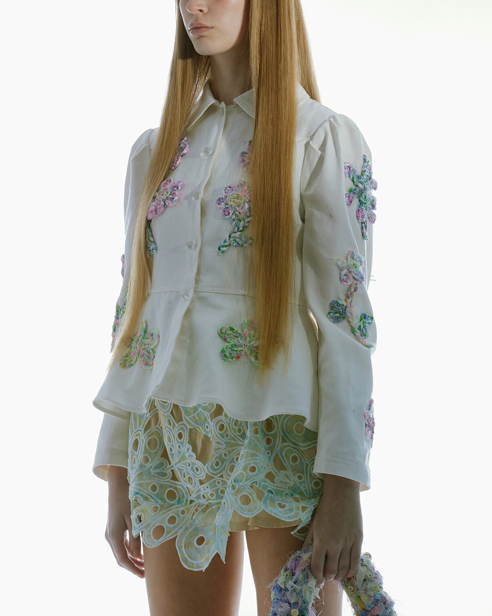 WOMEN CREAM WHITE DENIM EMBROIDERED JACKET WITH PEPLUM HEM