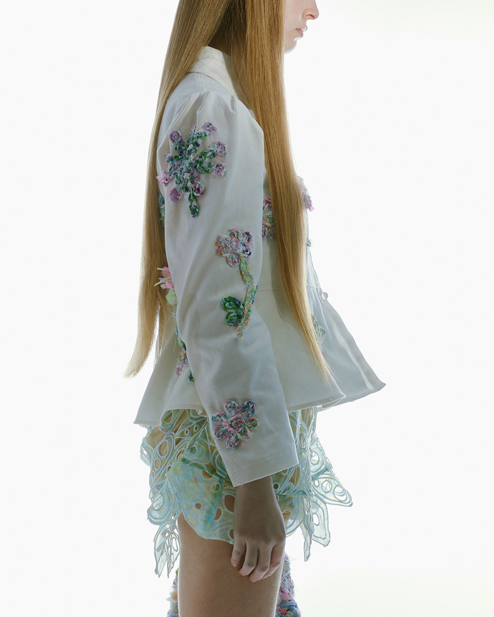 WOMEN CREAM WHITE DENIM EMBROIDERED JACKET WITH PEPLUM HEM