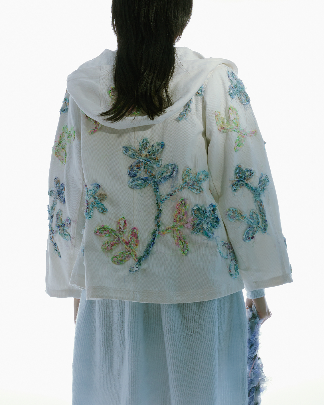 WOMEN CREAM WHITE DENIM EMBROIDERY CROP JACKET WITH HOOD