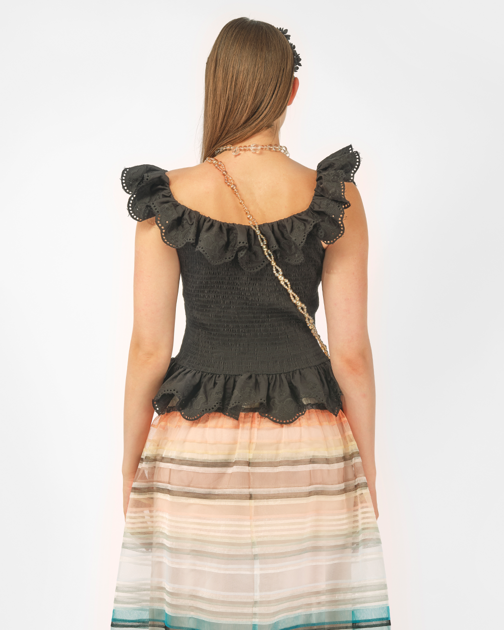 WOMEN BLACK EMBROIDERED SMOCKED RUFFLE SLEEVELESS TOP