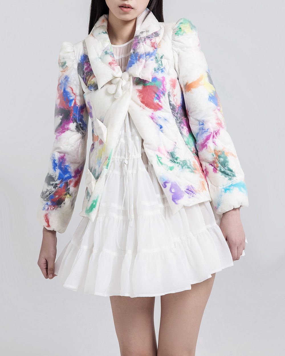 WOMEN GIRL COLLAR LONG SLEEVE STYLE WHITE FEATHER EMBROIDERED PUFFER JACKET