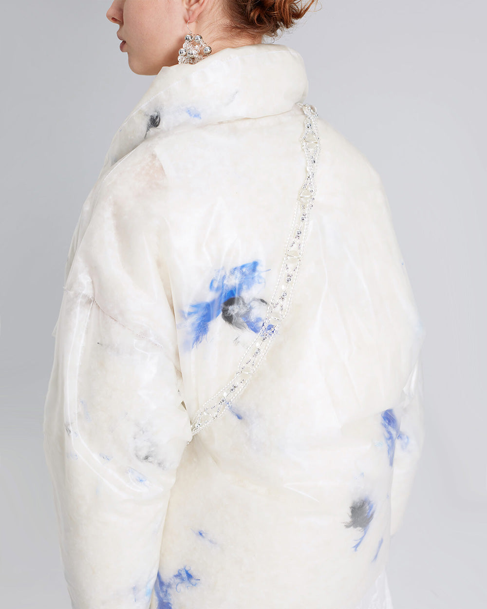 WOMEN GIRL WHITE PASTEL BLUE COLLAR LONG SLEEVE FEATHER PUFF JACKET