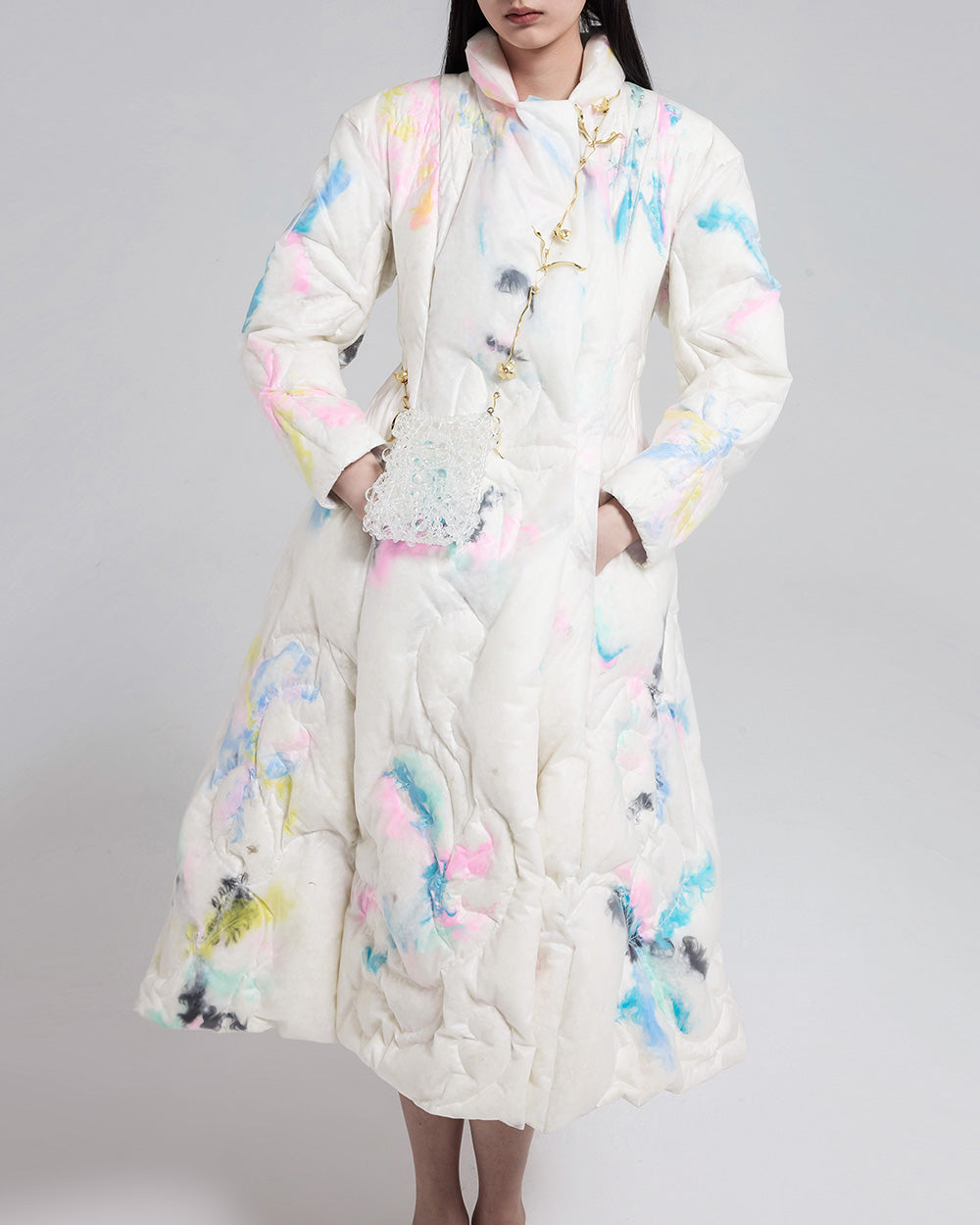 WOMEN GIRL LONG SLEEVE WHITE STYLE LONG FEATHER QUILTED PUFFER COAT