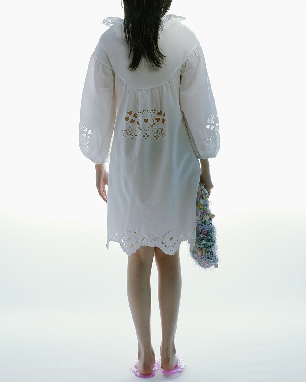 WOMEN LONG SLEEVE WHITE FRILL COLLAR EMBROIDERED DRESS