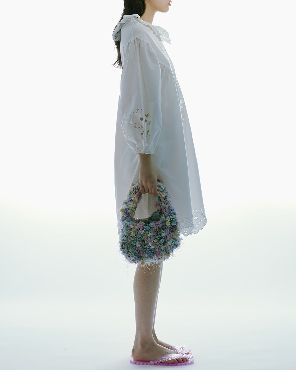 WOMEN LONG SLEEVE WHITE FRILL COLLAR EMBROIDERED DRESS