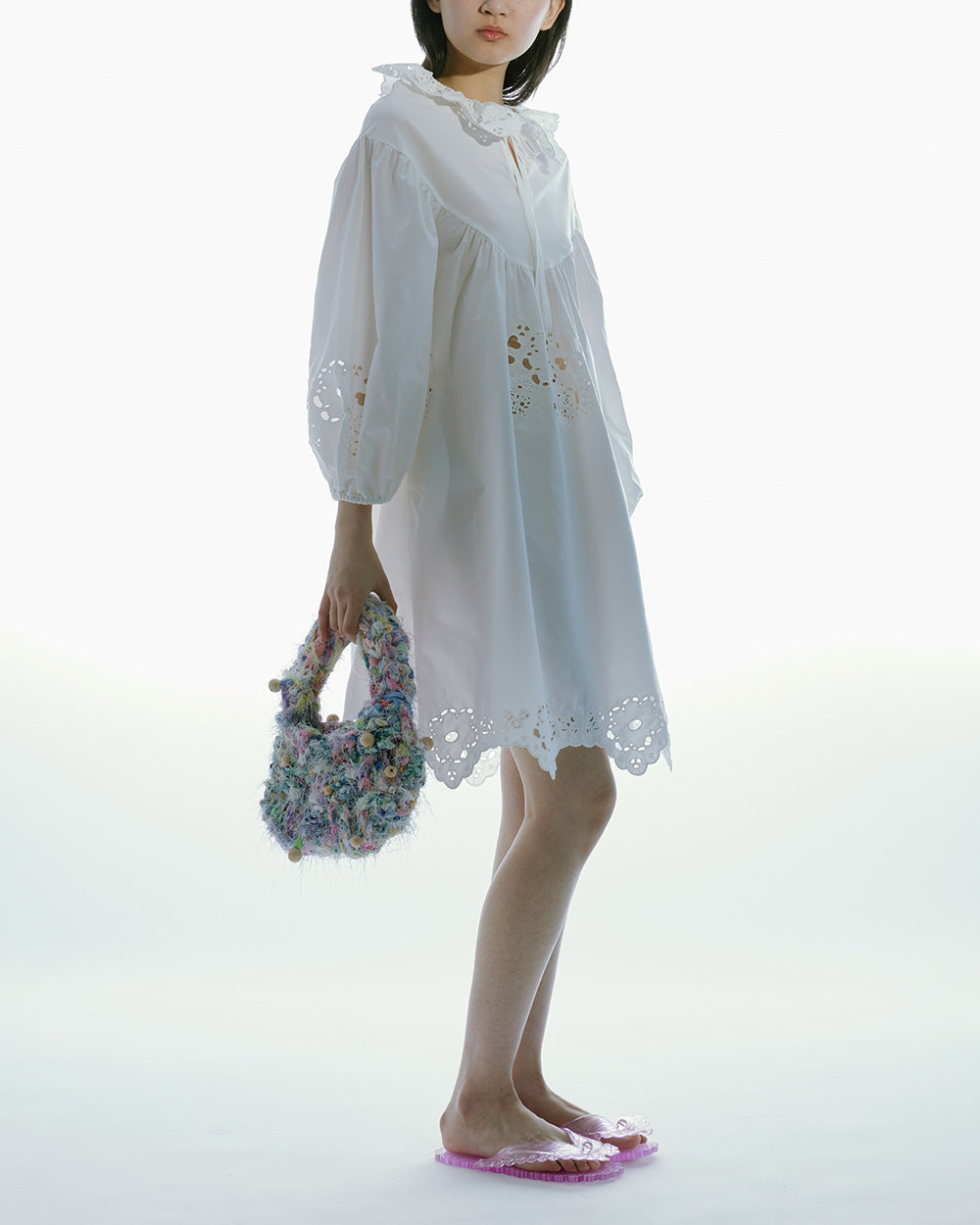 WOMEN LONG SLEEVE WHITE FRILL COLLAR EMBROIDERED DRESS