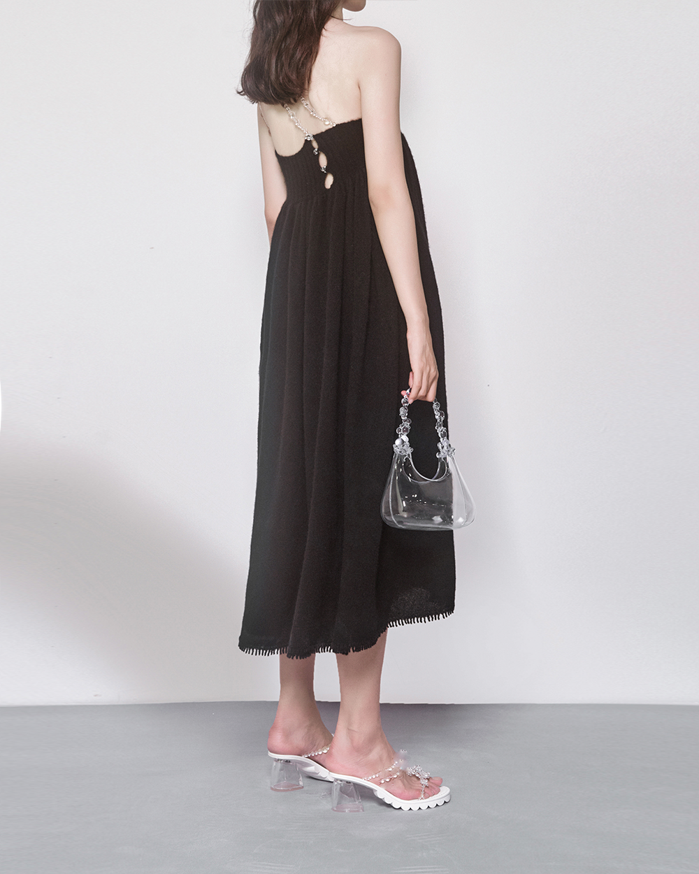 WOMEN GIRL SLEEVELESS STRAP MIDI STYLE GATHERED BUBBLE KNIT DRESS BLACK