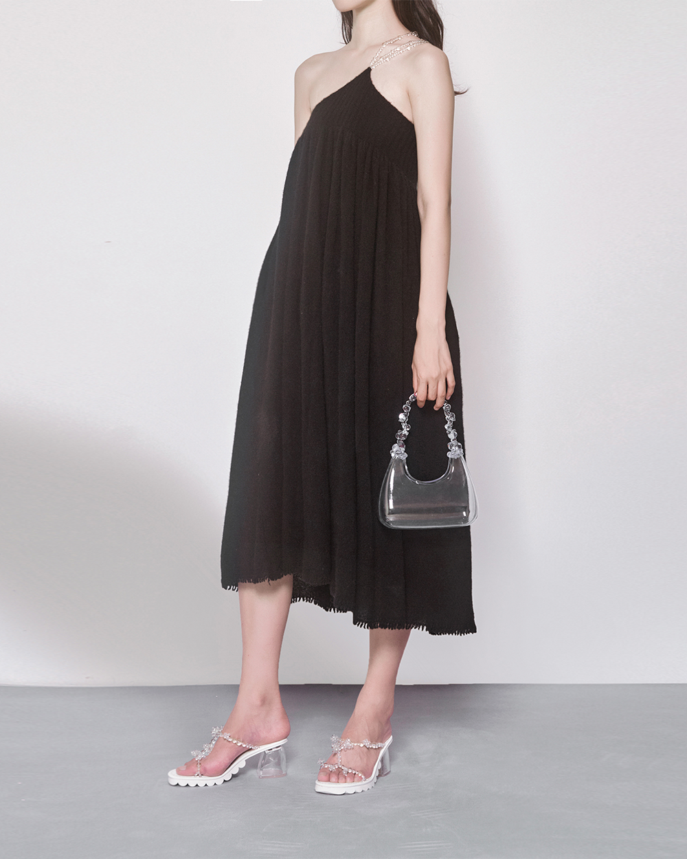 WOMEN GIRL SLEEVELESS STRAP MIDI STYLE GATHERED BUBBLE KNIT DRESS BLACK