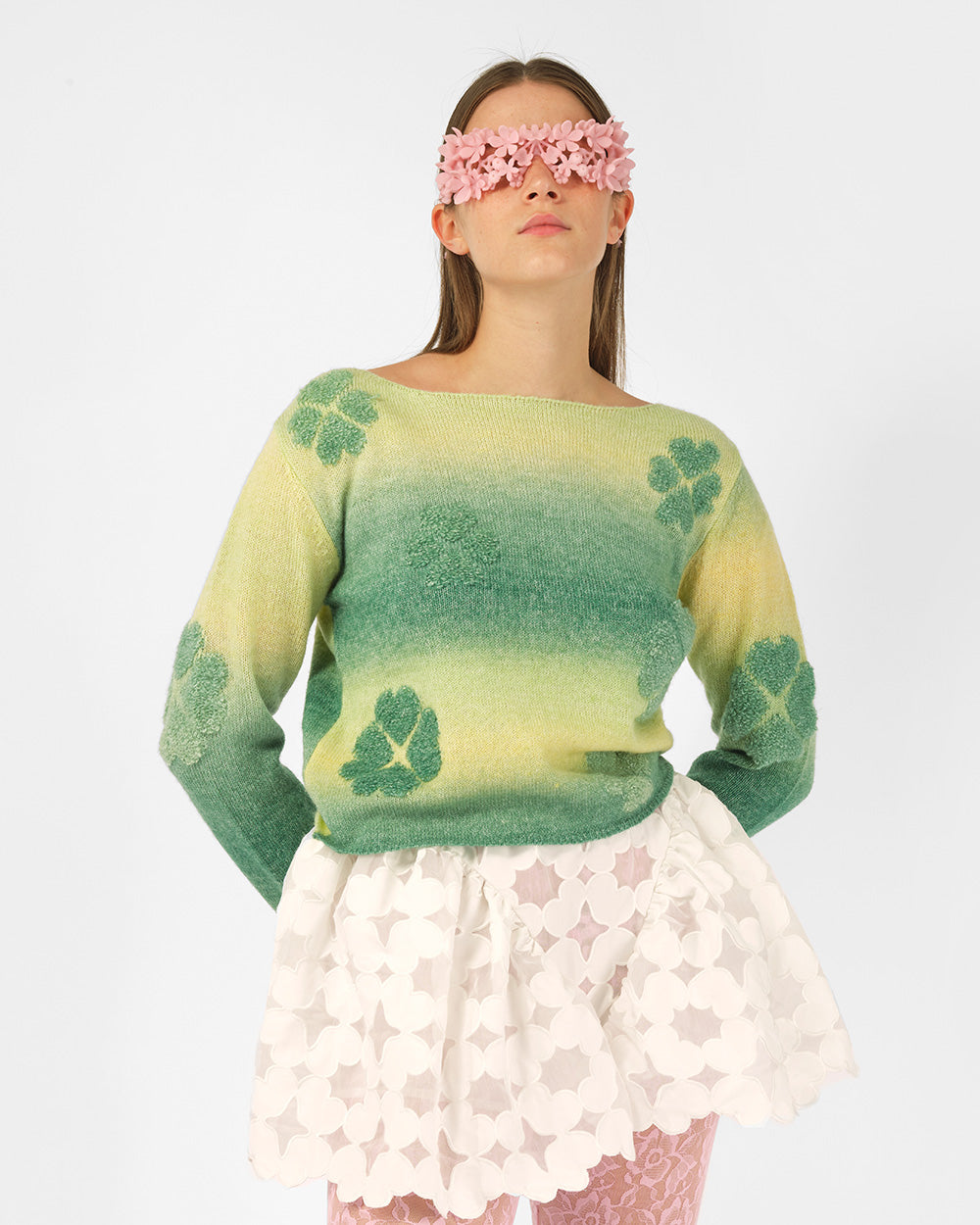 GREEN WOMEN GRADIENT CLOVER KNIT JUMPER SWEATER ROUND NECK