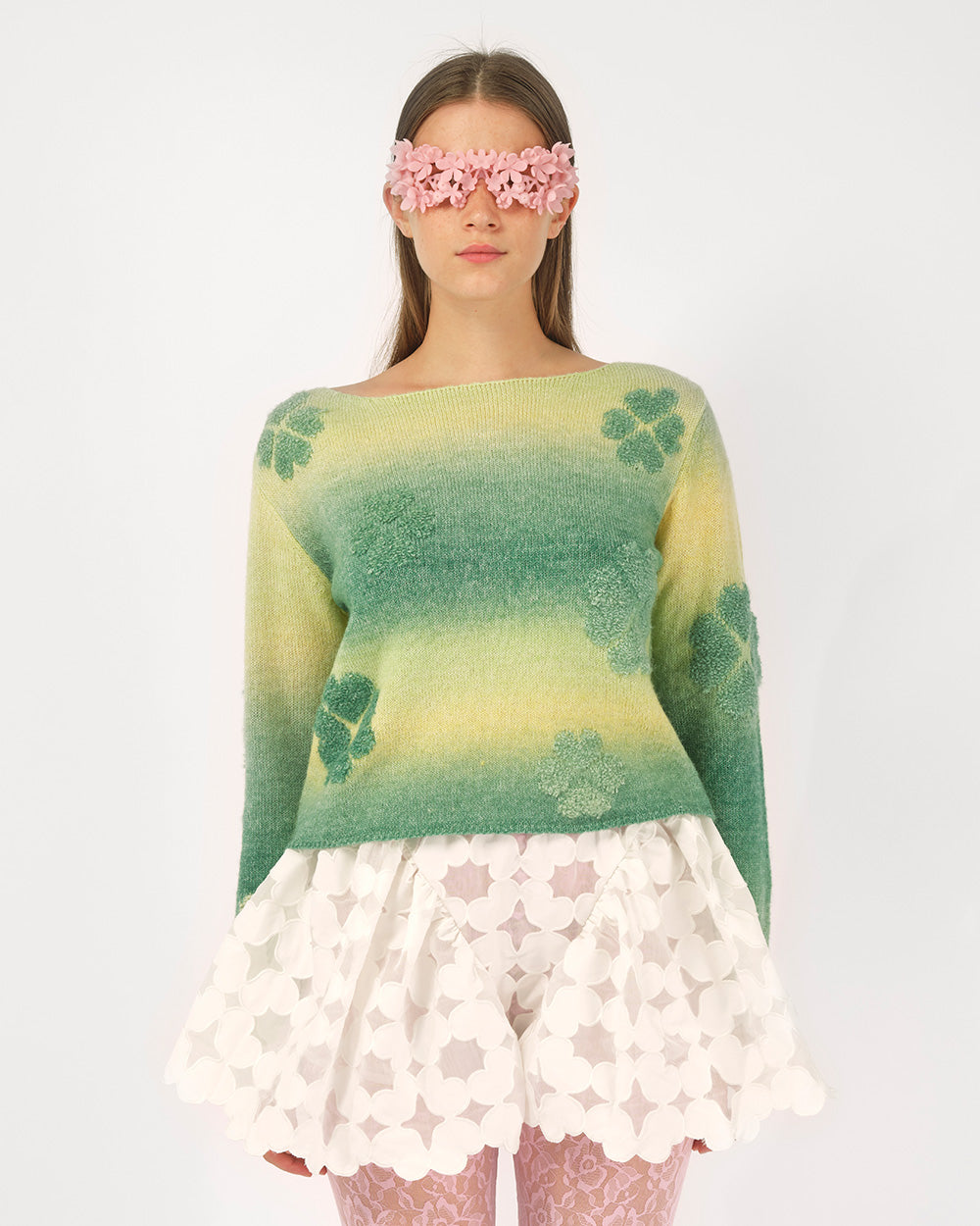 GREEN WOMEN GRADIENT CLOVER KNIT JUMPER SWEATER ROUND NECK