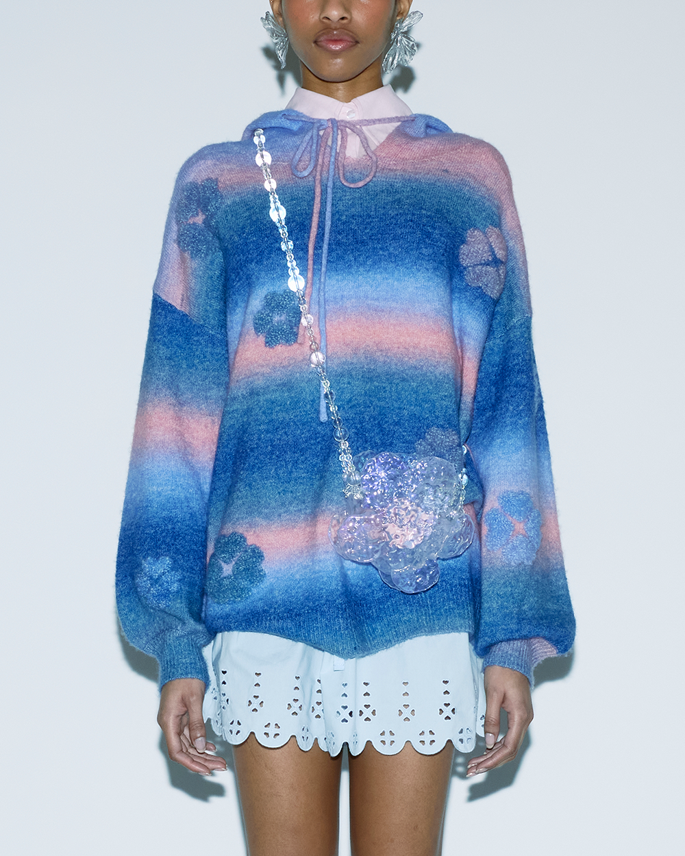 BLUE GRADIENT COLOURS FLORAL PATTERNS KNITTED HOODIE