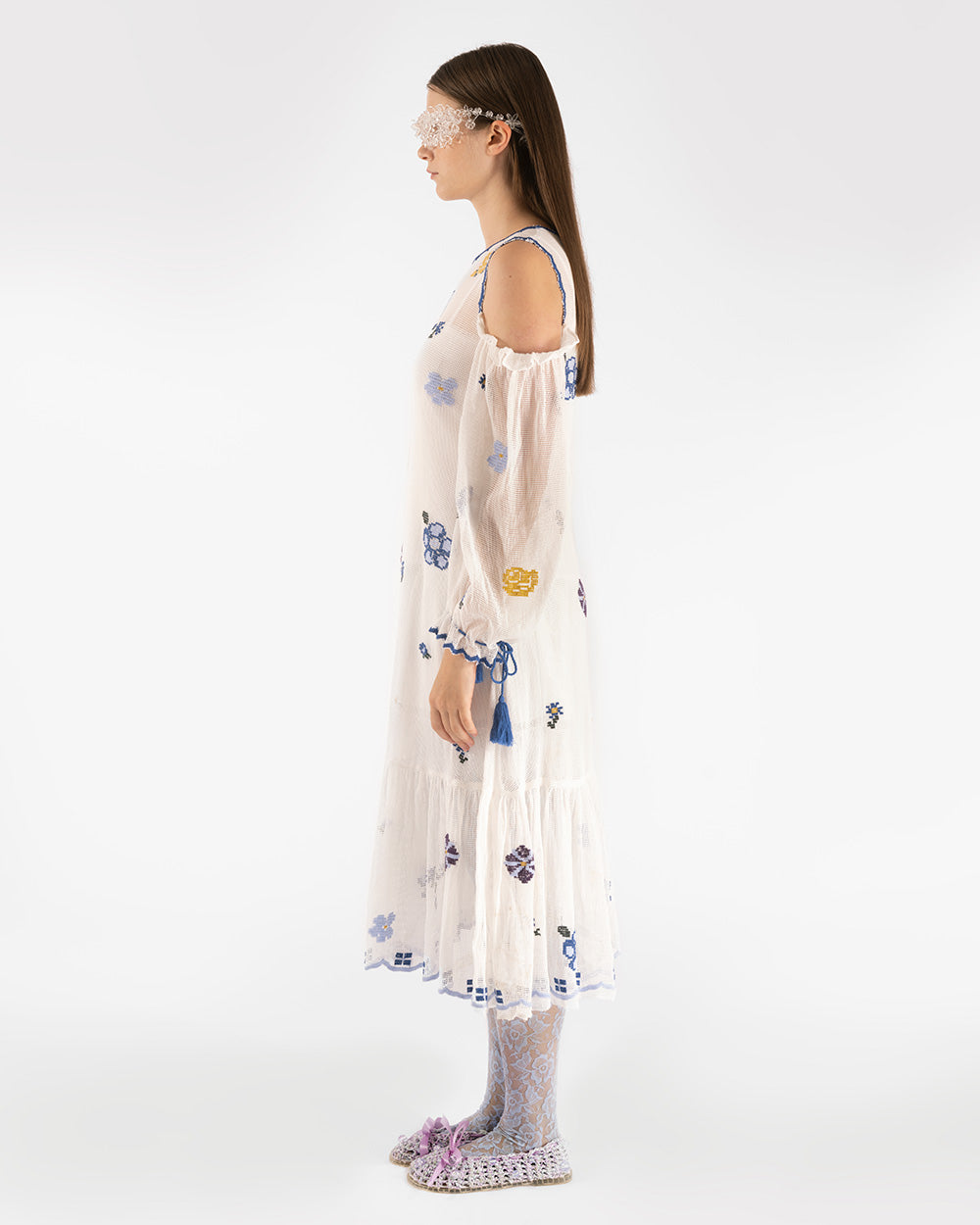 WHITE AND BLUE WOMEN GRID EMBROIDERED OFF-SHOULDER LONG SLEEVE DRESS