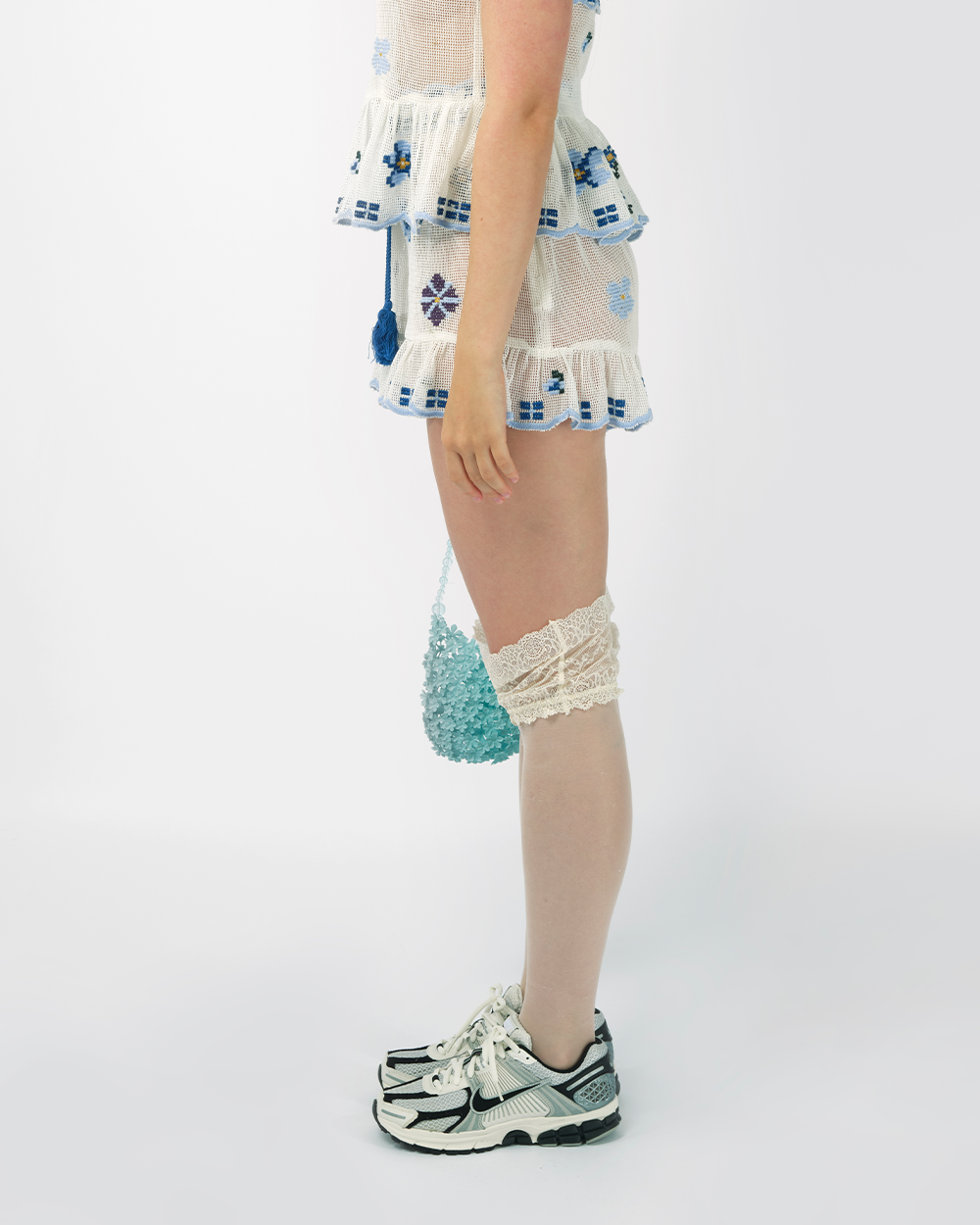 WHITE AND BLUE WOMEN GRID EMBROIDERED RUFFLE MINI SHORTS