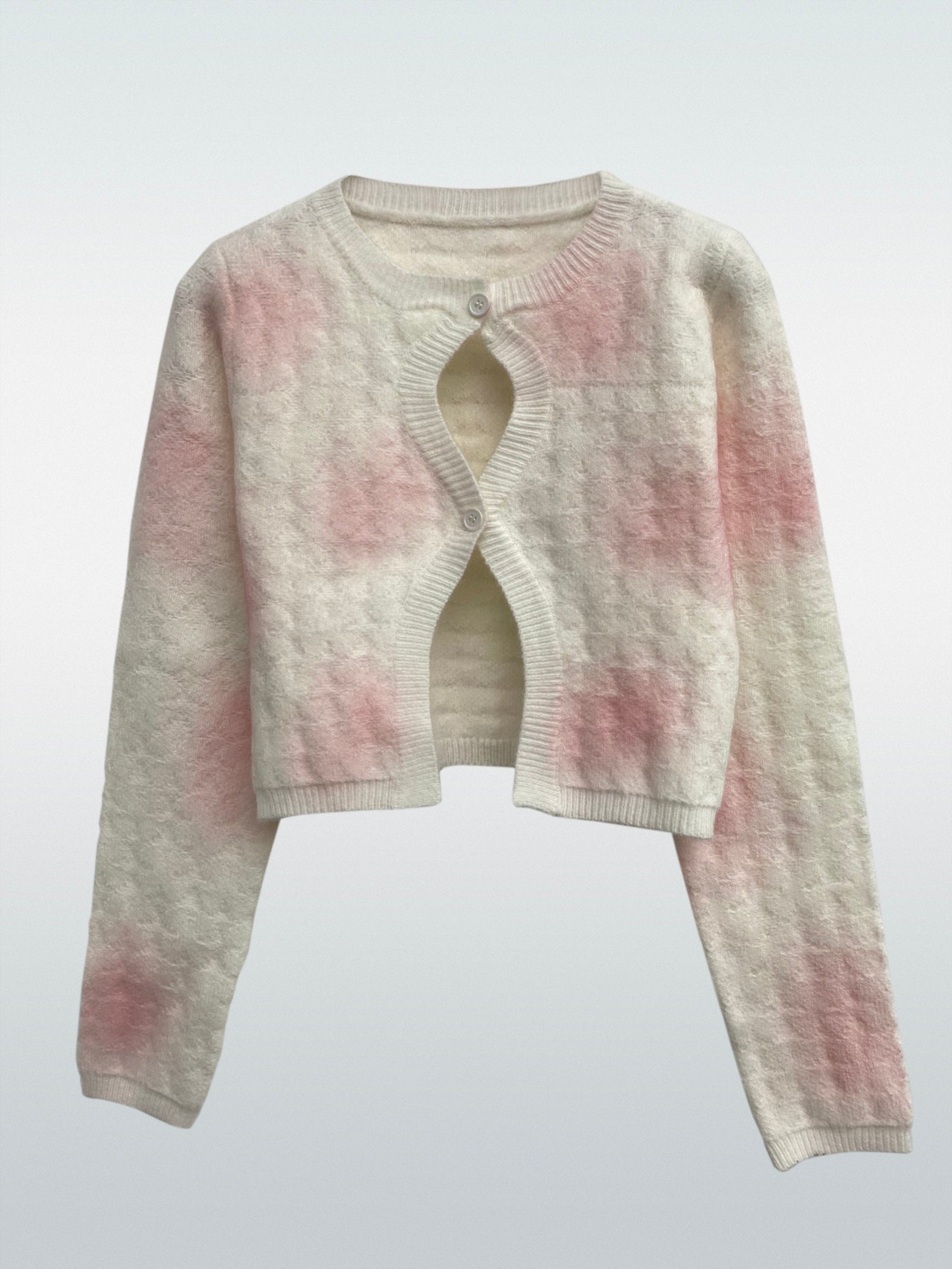 WOMEN PINK AND WHITE LONG SLEEVE HEART CLOVER KNIT SWEATER CARDIGAN WITH CROCHET MONOGRAM