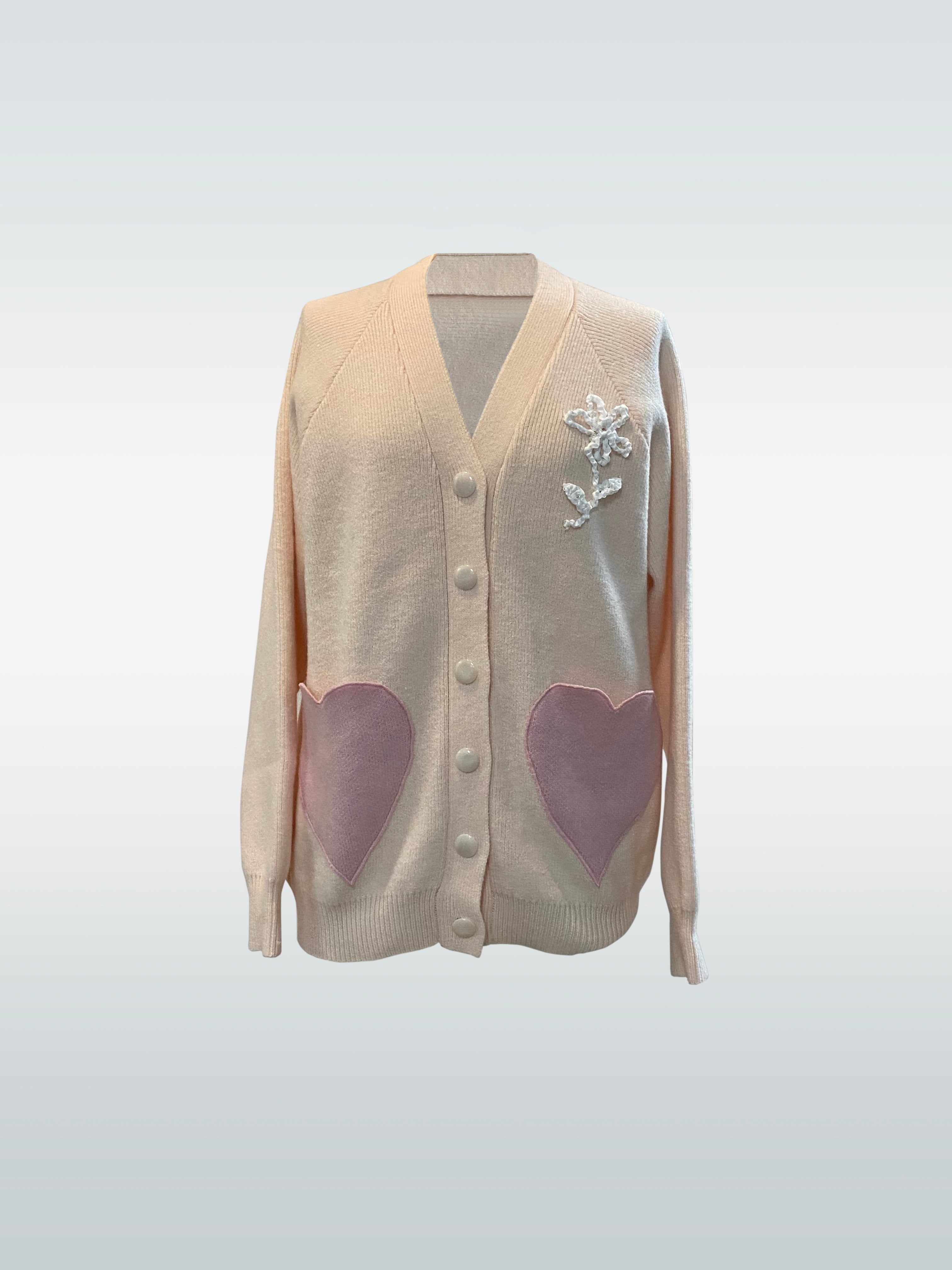 WOMEN LONG SLEEVE STYLE HEART SHAPED POCKET CARDIGAN PINK