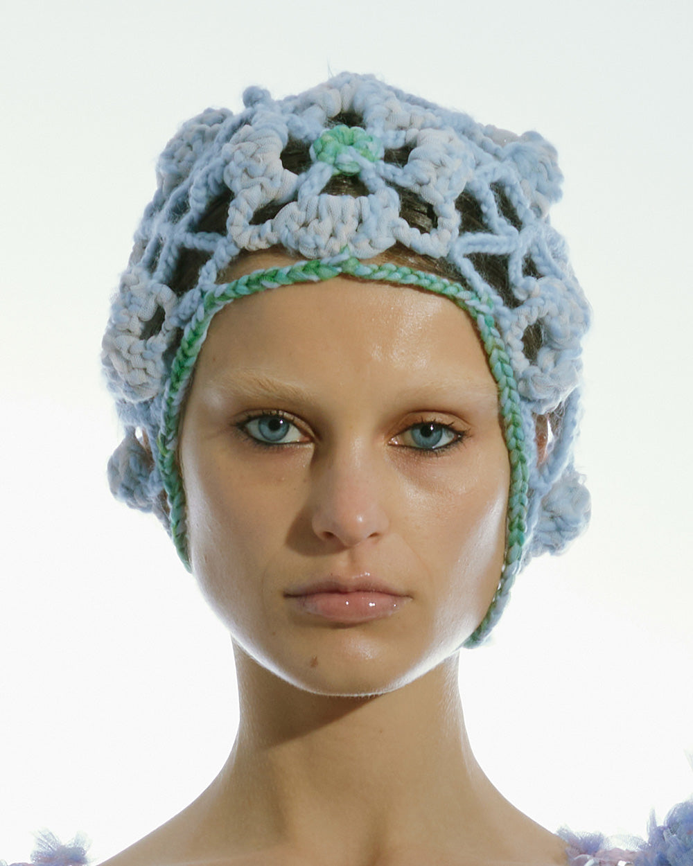 HEAVY CROCHET FLOWER BONNET WOMEN BLUE HEAD GARMENT STYLE