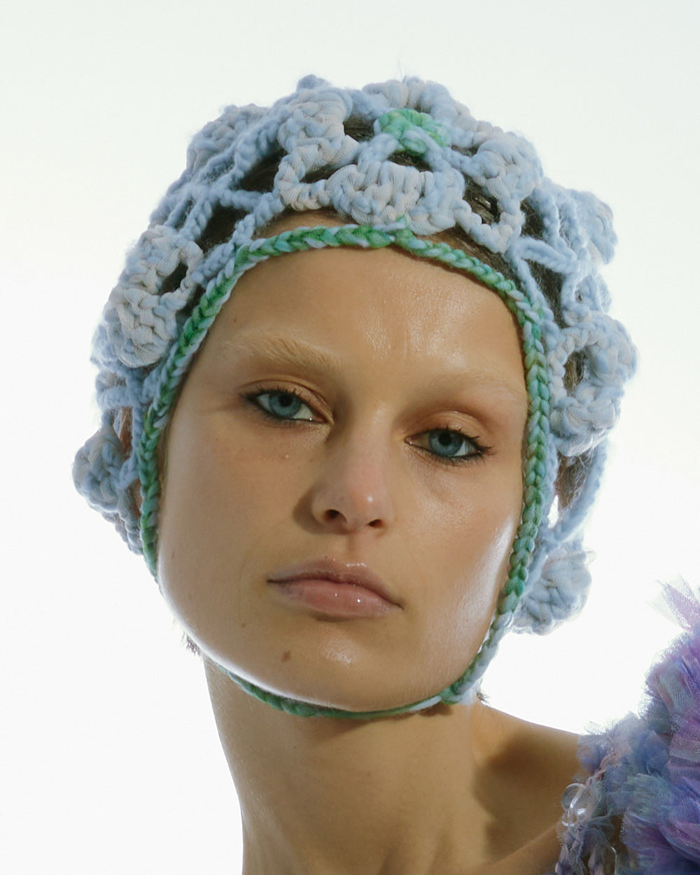 HEAVY CROCHET FLOWER BONNET WOMEN BLUE HEAD GARMENT STYLE