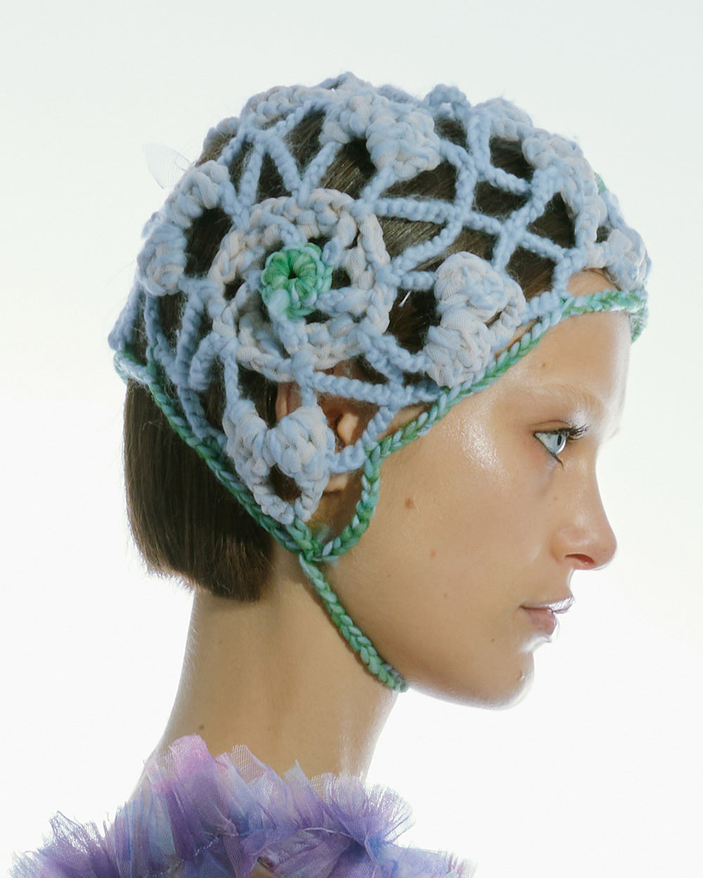 HEAVY CROCHET FLOWER BONNET WOMEN BLUE HEAD GARMENT STYLE