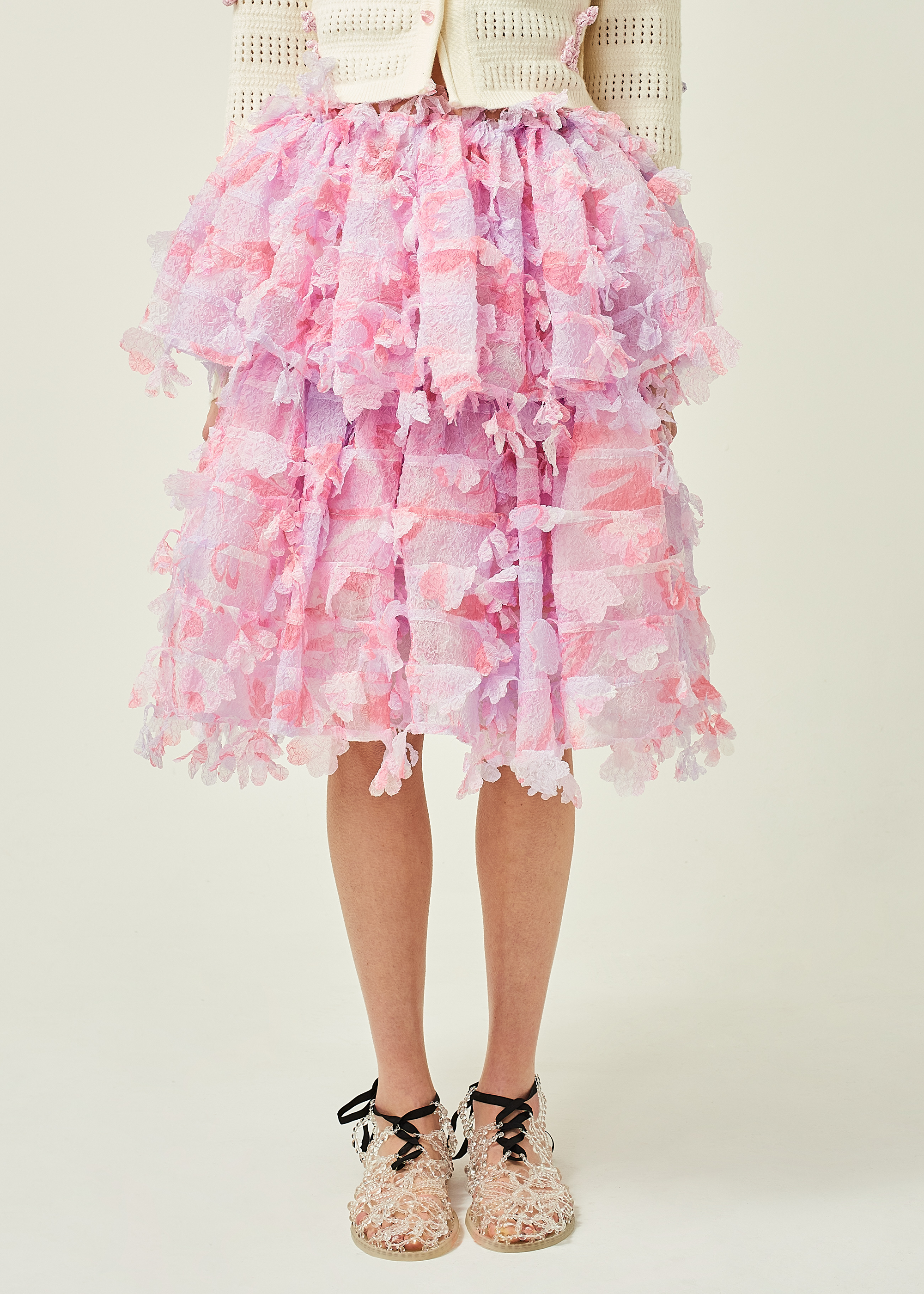 WOMEN PINK MIDI RUFFLE LASER CUT SKIRT