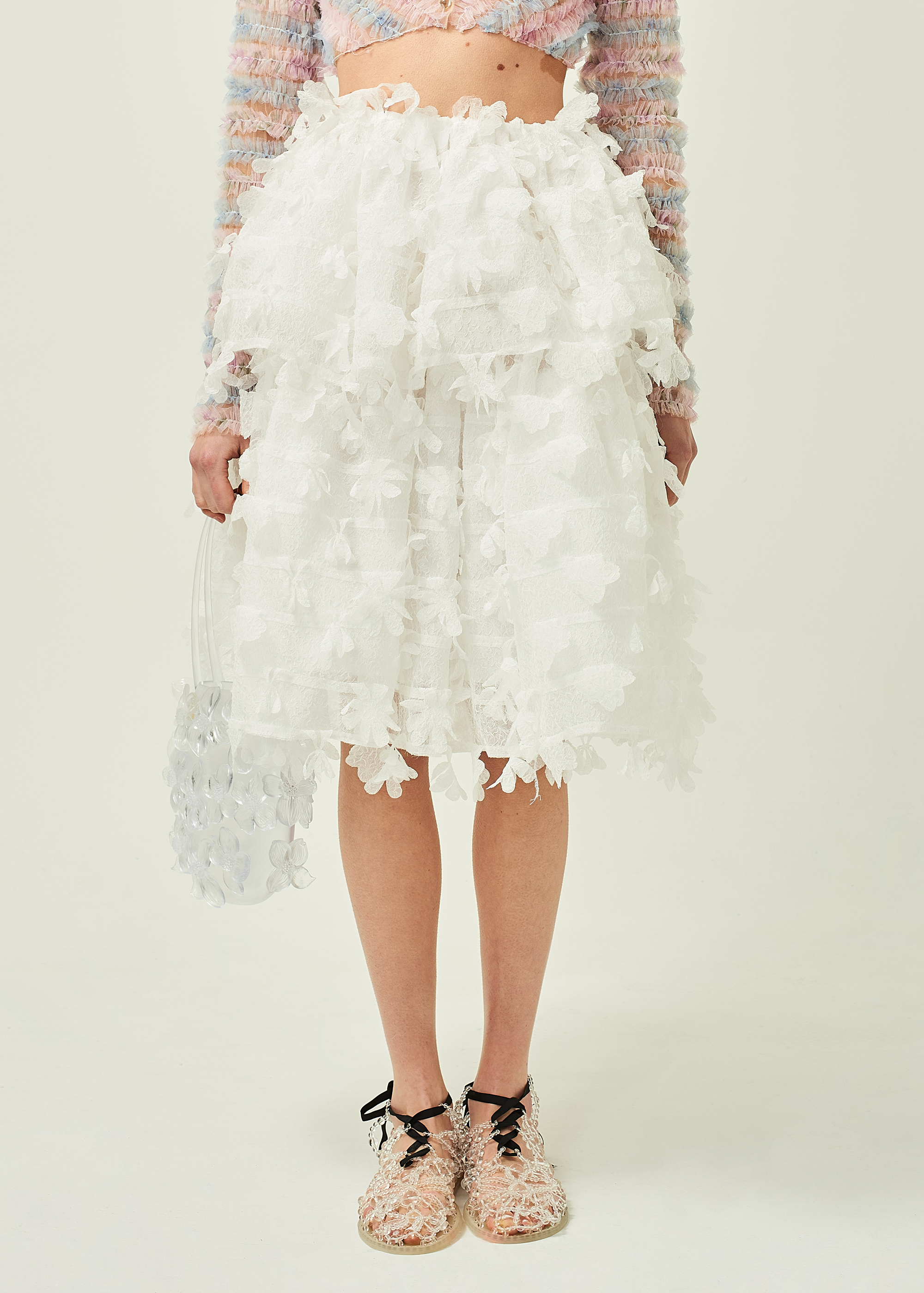 WOMEN WHITE MIDI RUFFLE LASER CUT SKIRT