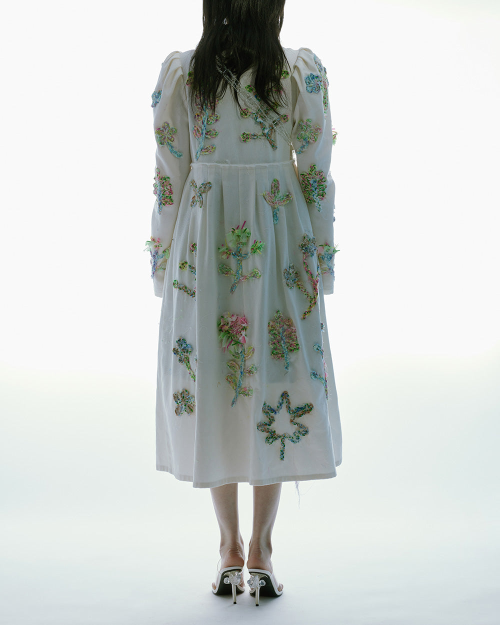 WOMEN CREAM WHITE LONG SLEEVE DENIM EMBROIDERY COAT DRESS