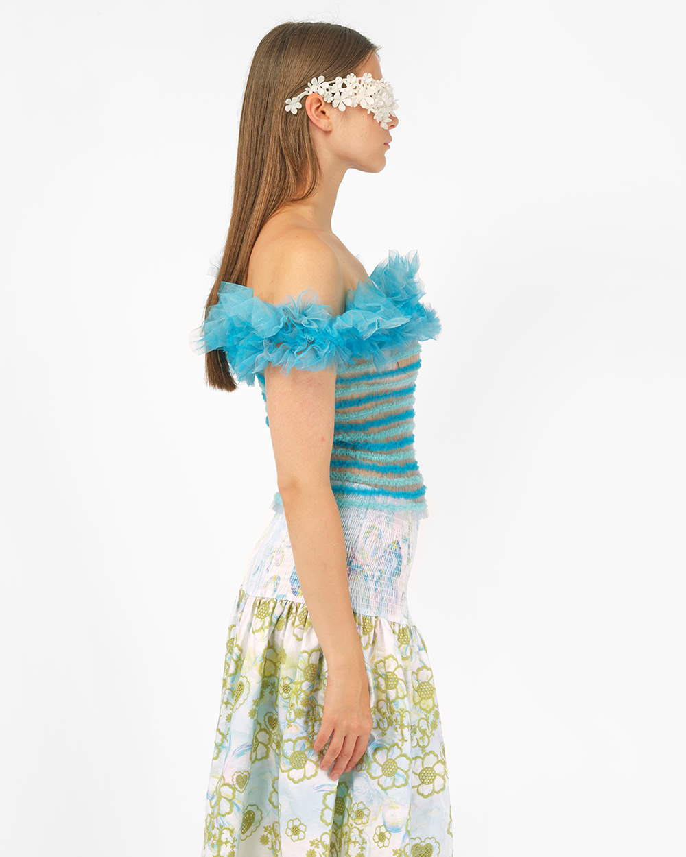 BLUE WOMEN OFF-SHOULDER SHIRRED TULLE TOP