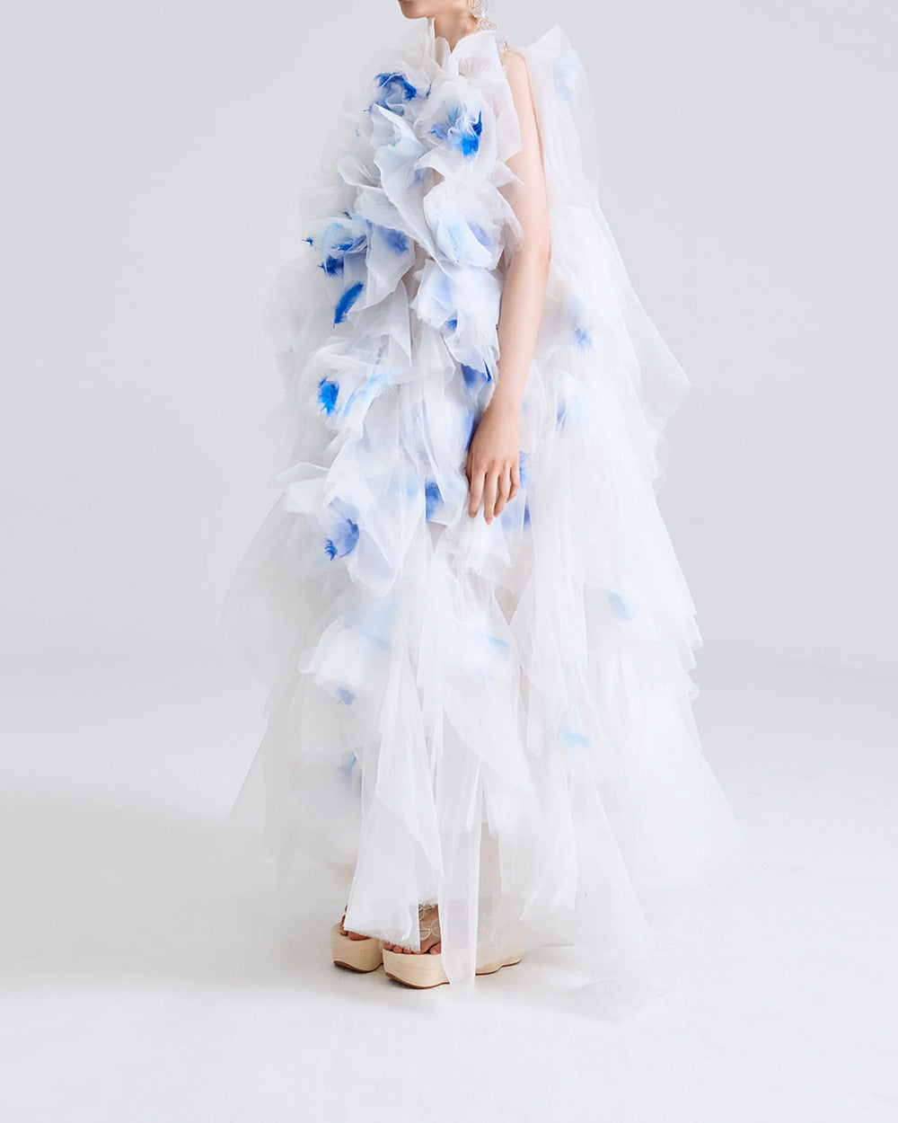 WOMEN GIRL WHITE BLUE FLUFF TEXTURE MAXI ORGANZA ABSTRACT FRILL DRESS