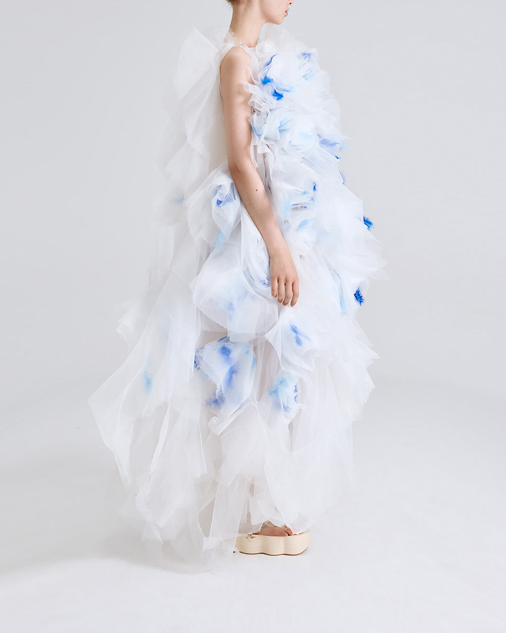 ORGANZA ABSTRACT FRILL DRESS WHITE FRONT