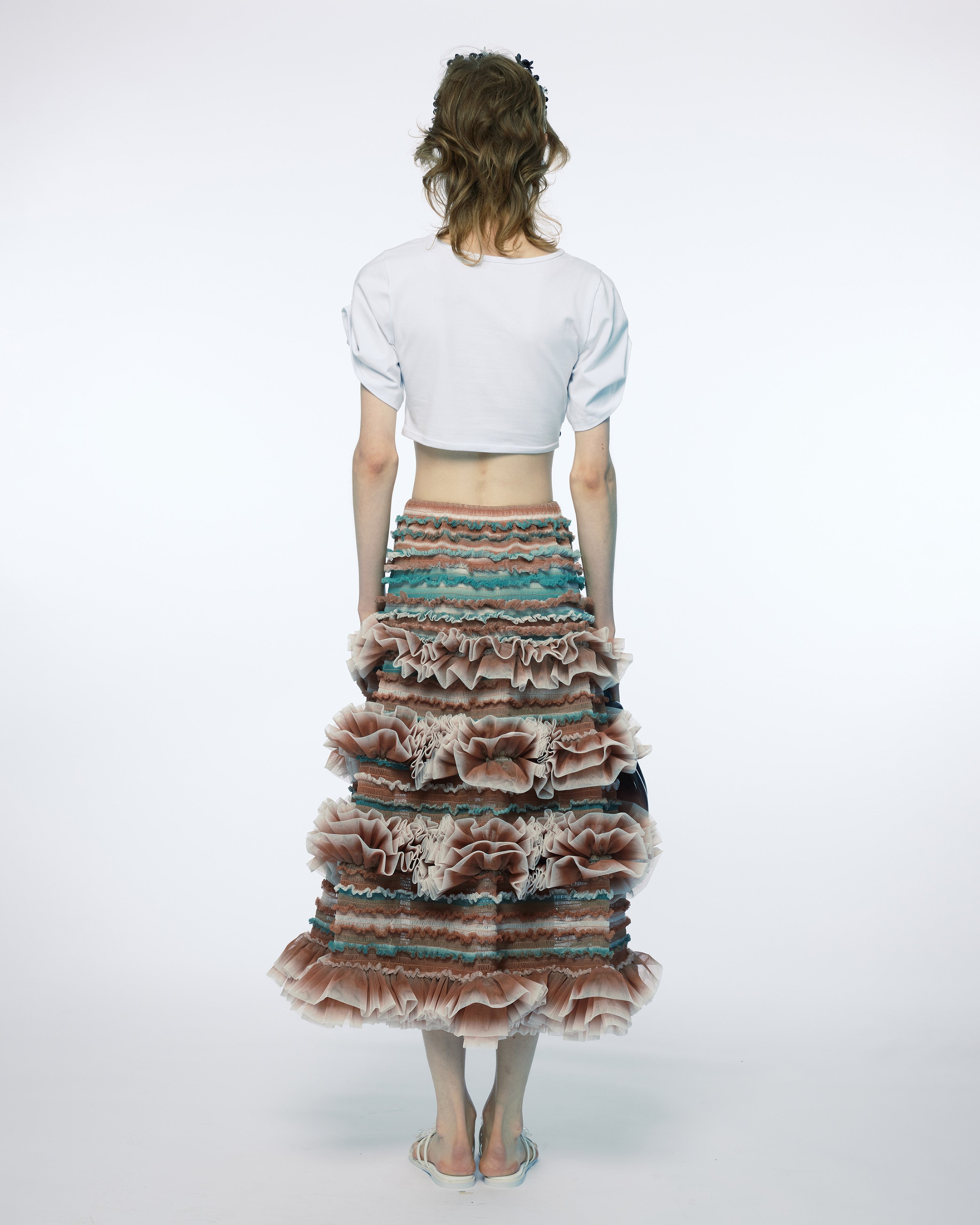 ORGANZA SHIRRED TULLE TIERED RUFFLE WMOCKING DETAILS MIDI SKIRT