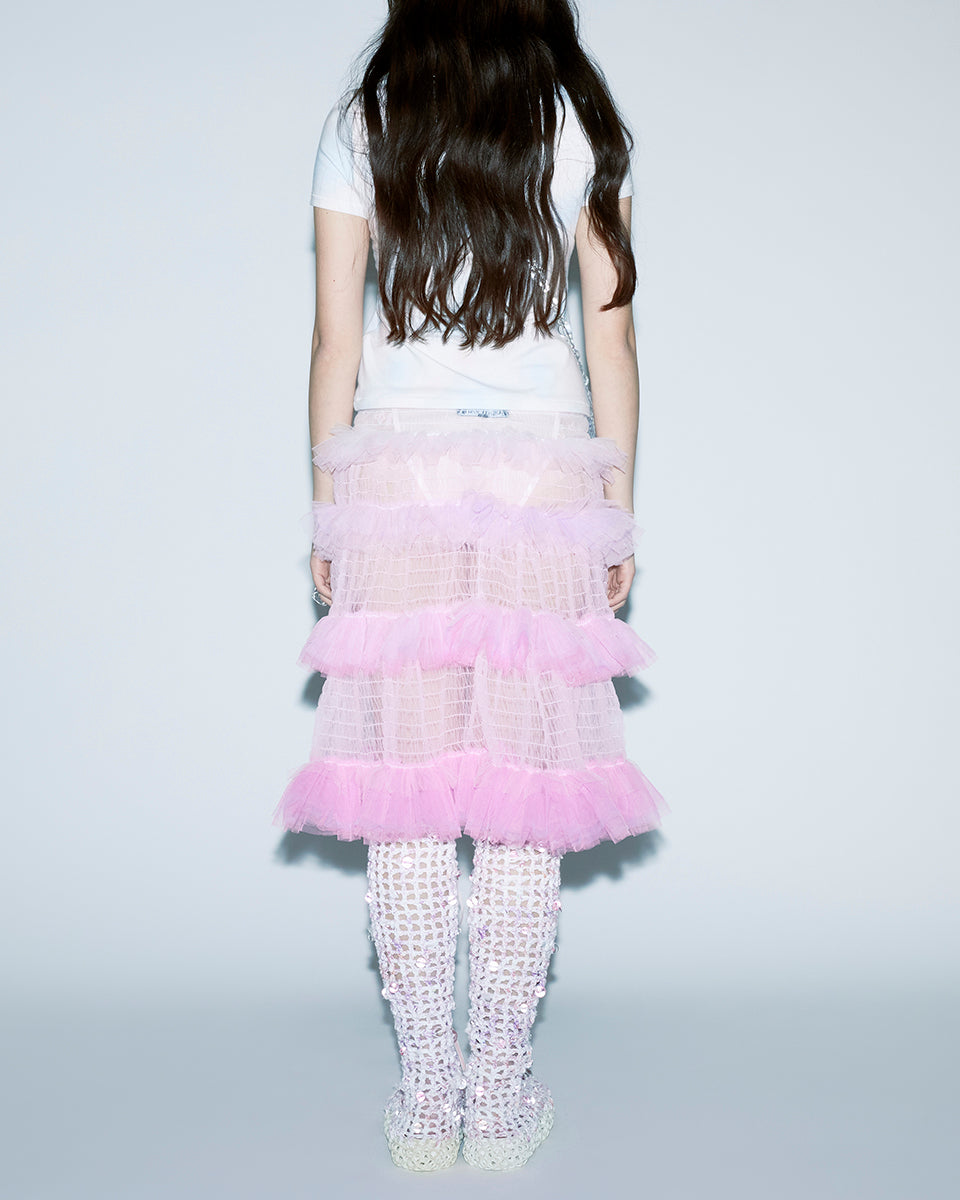 PINK GRADIENT SMOCKED KNEE-LENGTH SMOCKING DETAILS RUFFLES GRADIENT TONE SEE-THROUGH FABRIC SKIRT