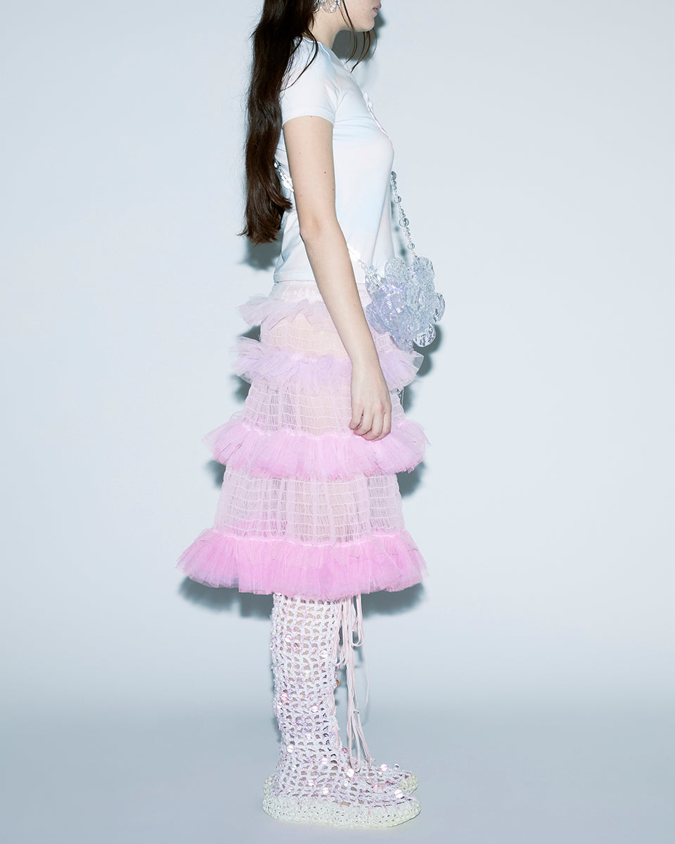 PINK GRADIENT SMOCKED KNEE-LENGTH SMOCKING DETAILS RUFFLES GRADIENT TONE SEE-THROUGH FABRIC SKIRT