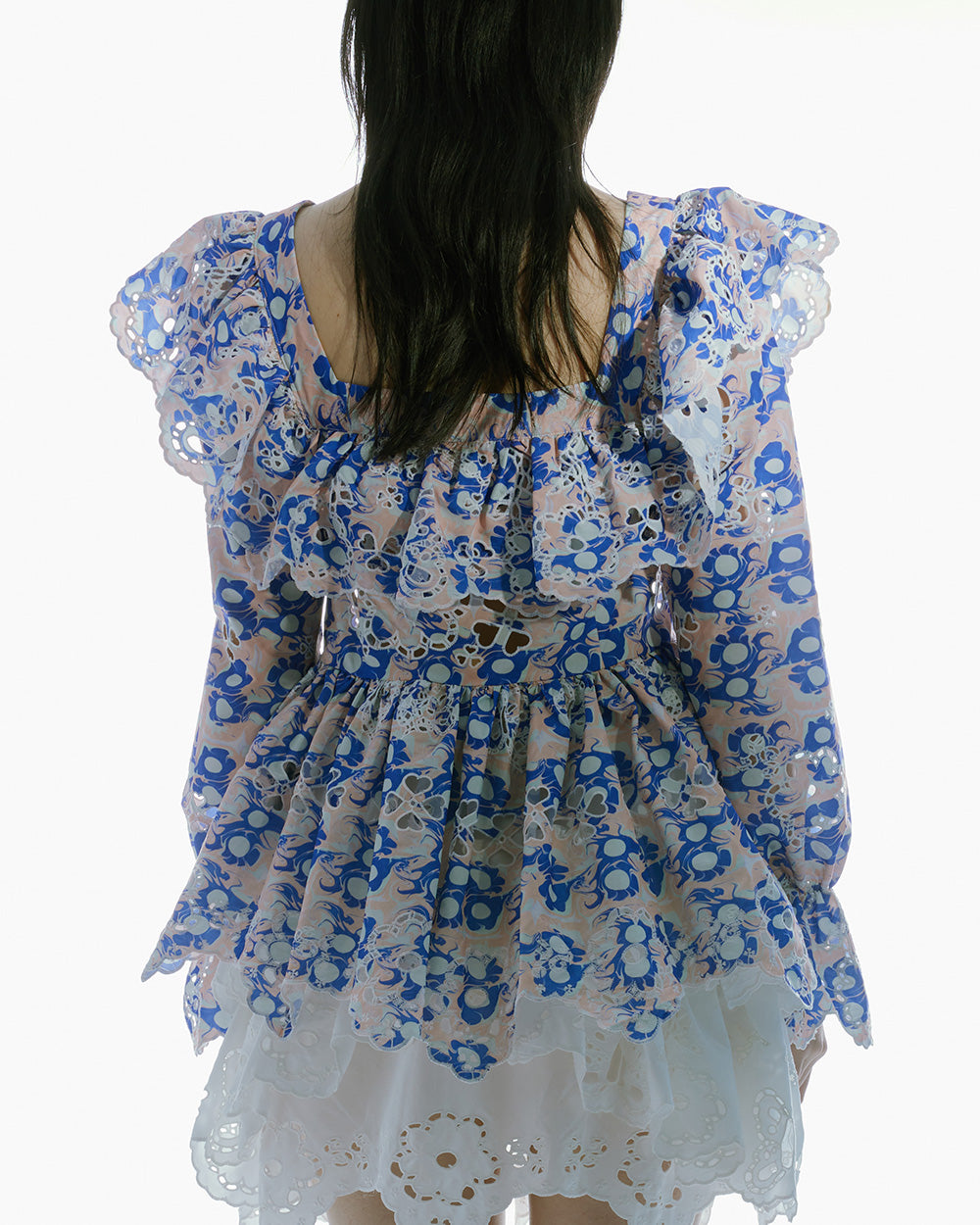 WOMAN LONG SLEEVE STYLE RUFFLED PRINTED BOW BLOUSE BLUE 