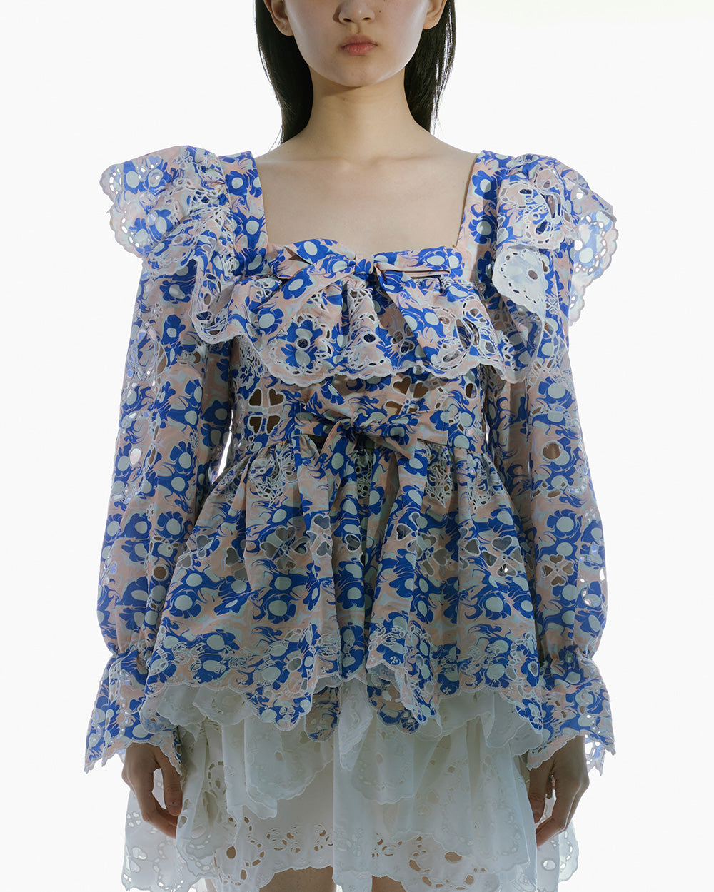 WOMAN LONG SLEEVE STYLE RUFFLED PRINTED BOW BLOUSE BLUE 